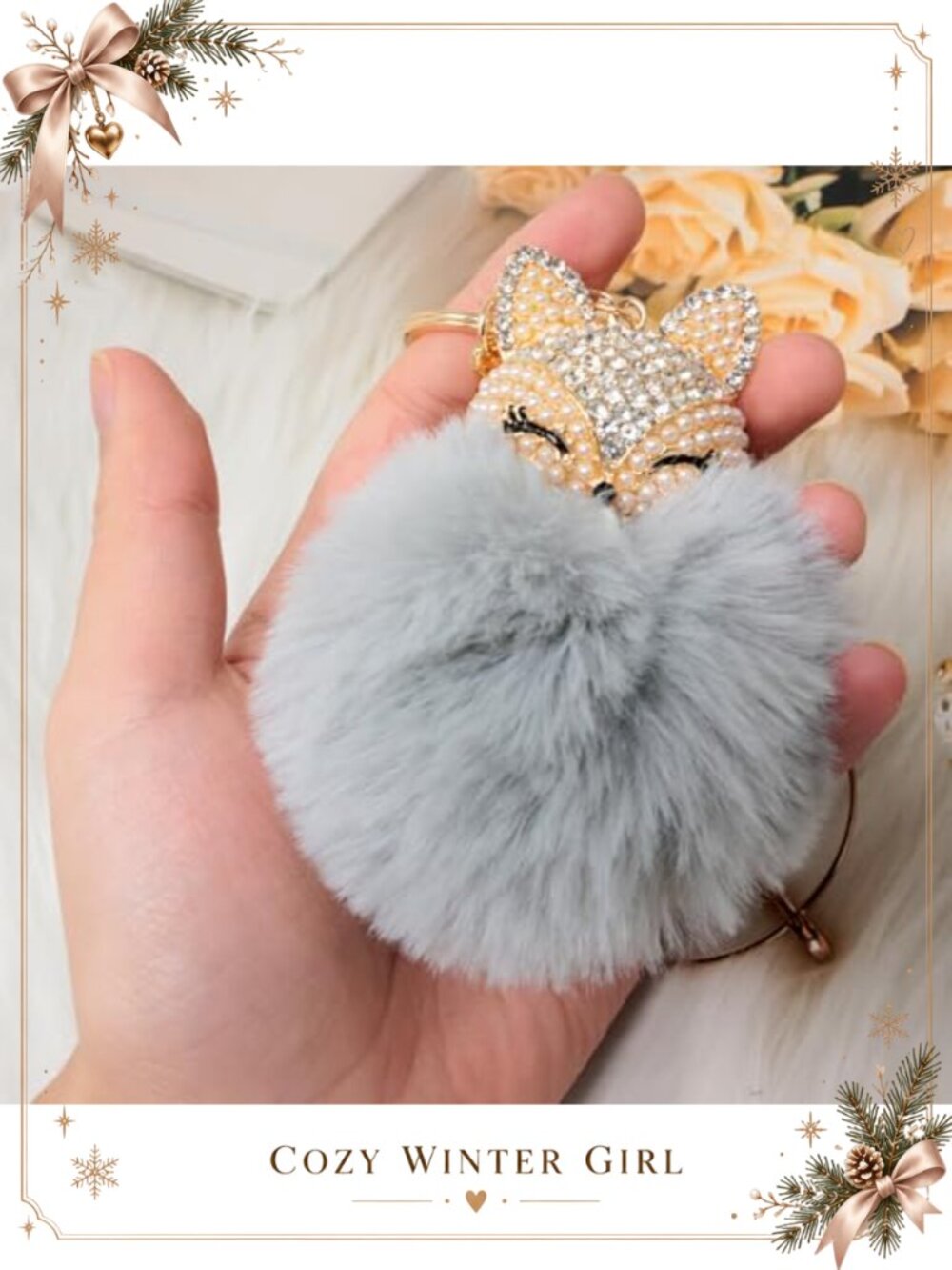 Faux Rabbit Fur Fox Head Keychain Rhinestone Sparkly Bag Charm - Picture 6 of 6